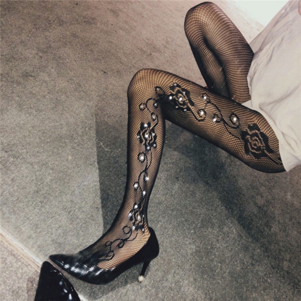 Black crochet rose rhinestone pantyhose